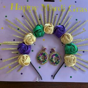 Mardi Gras Headband with Gold, Green, and Purple Roses and Pierced Earrings